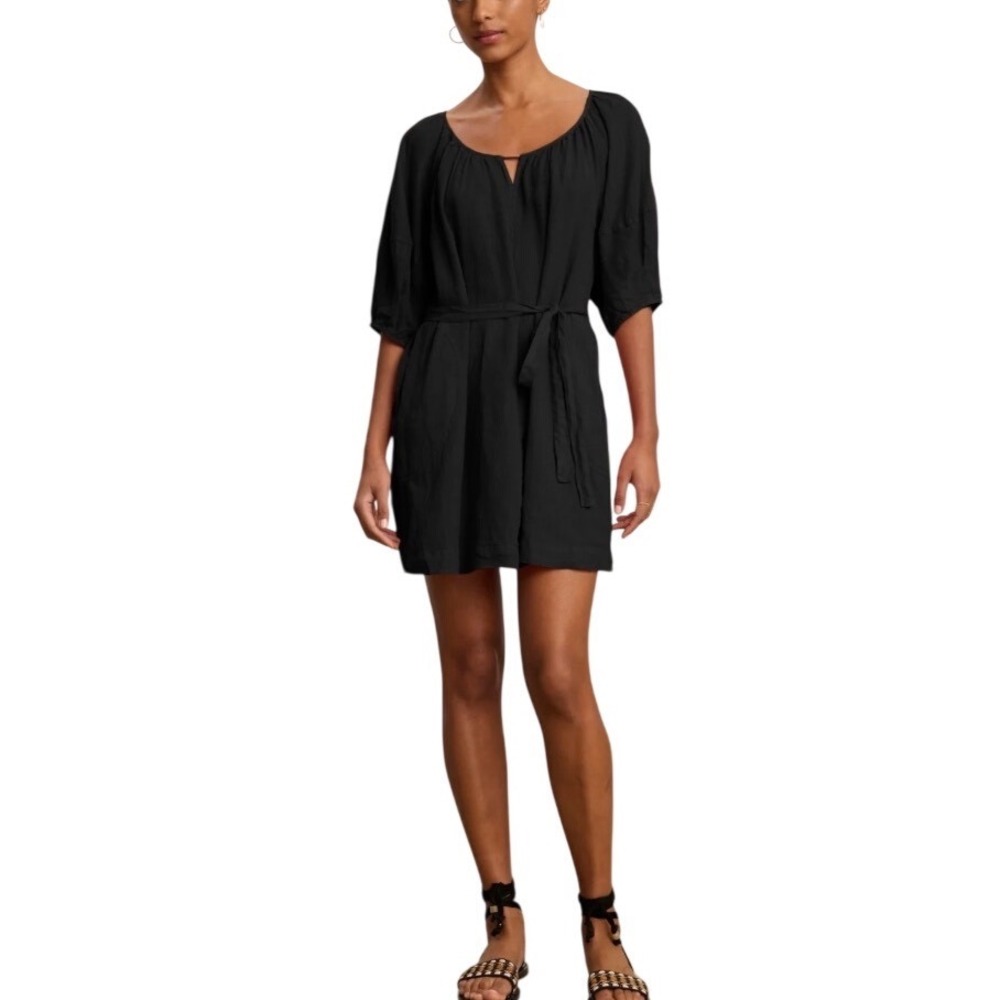 VELVET by Graham & Spencer Greta Linen Puff Sleeve Mini Dress Size L Black Beach